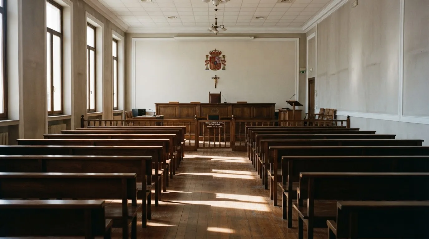 Una sala de tribunal vacía con bancos de madera a la luz de la mañana