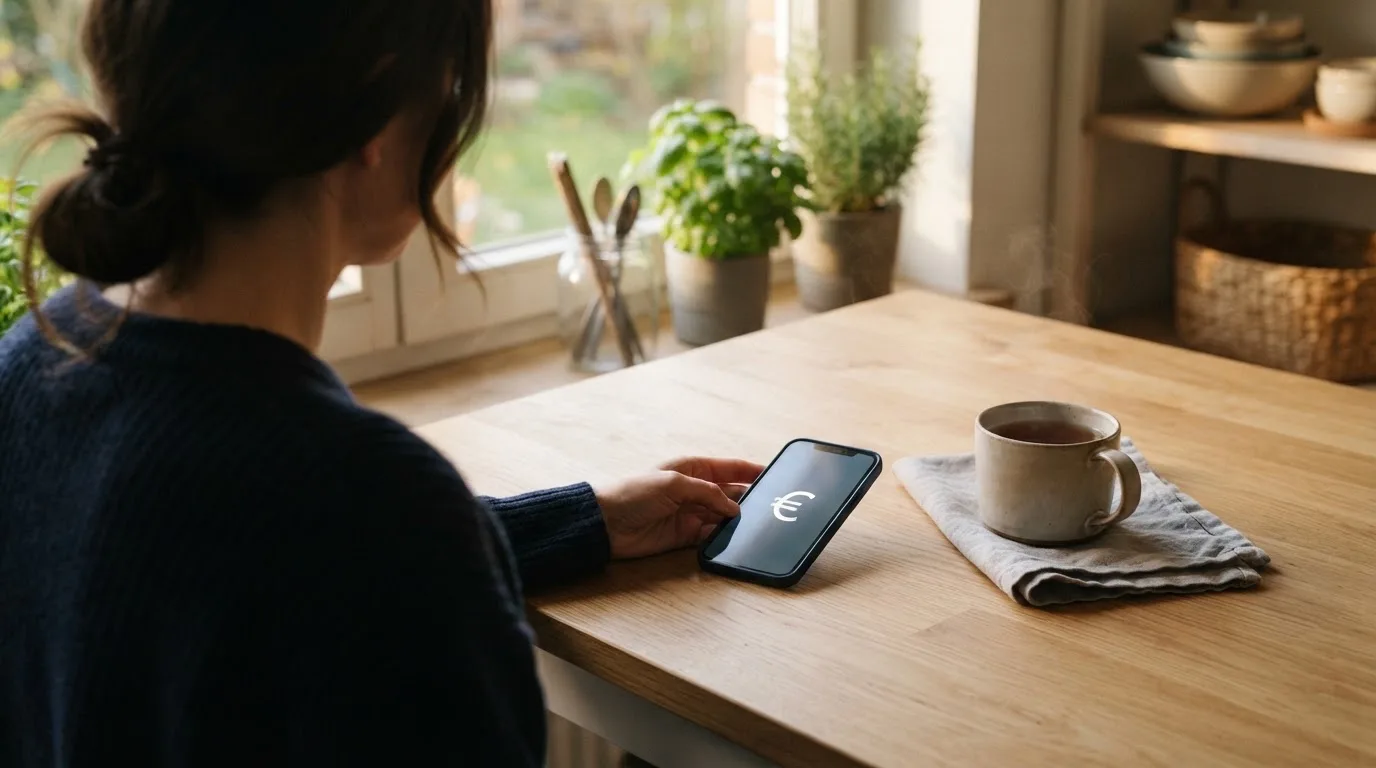 Una mano deja un móvil junto a una taza de té sobre la mesa de la cocina, una tarde tranquila