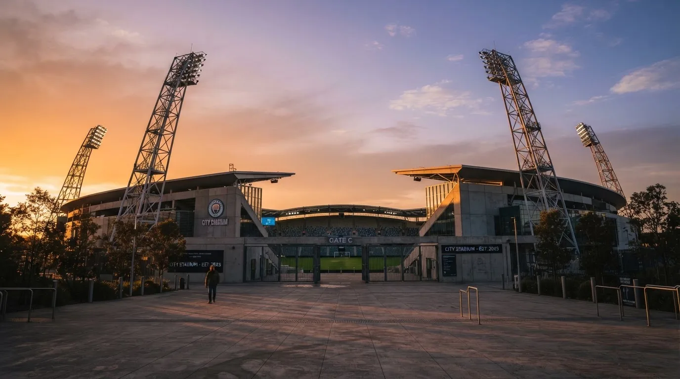 Un estadio de fútbol vacío con torres de iluminación al atardecer