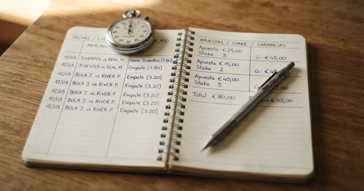 Un cuaderno abierto con un lápiz y un cronómetro sobre una mesa de madera