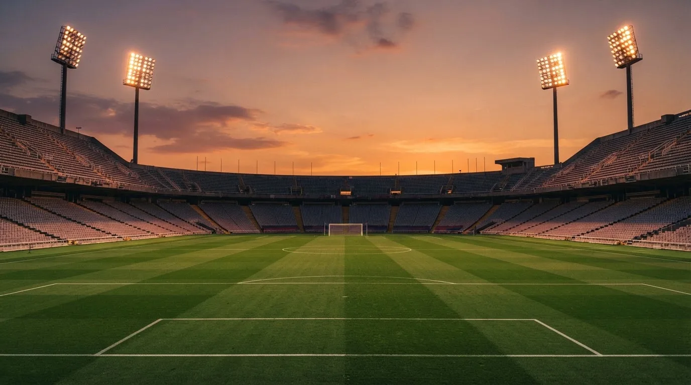 Un estadio de fútbol vacío con torres de iluminación al atardecer