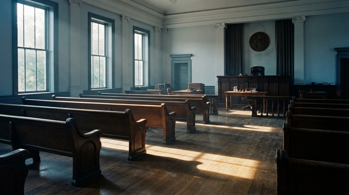 Una sala de tribunal vacía con bancos de madera a la luz de la mañana