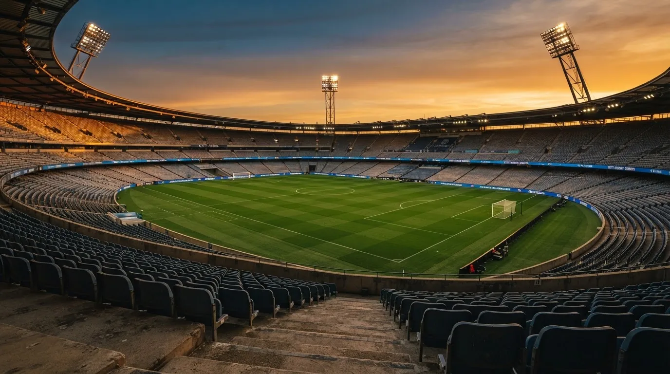 Un estadio de fútbol vacío con torres de iluminación al atardecer