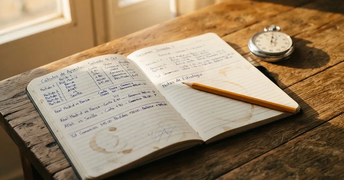 Un cuaderno abierto con un lápiz y un cronómetro sobre una mesa de madera