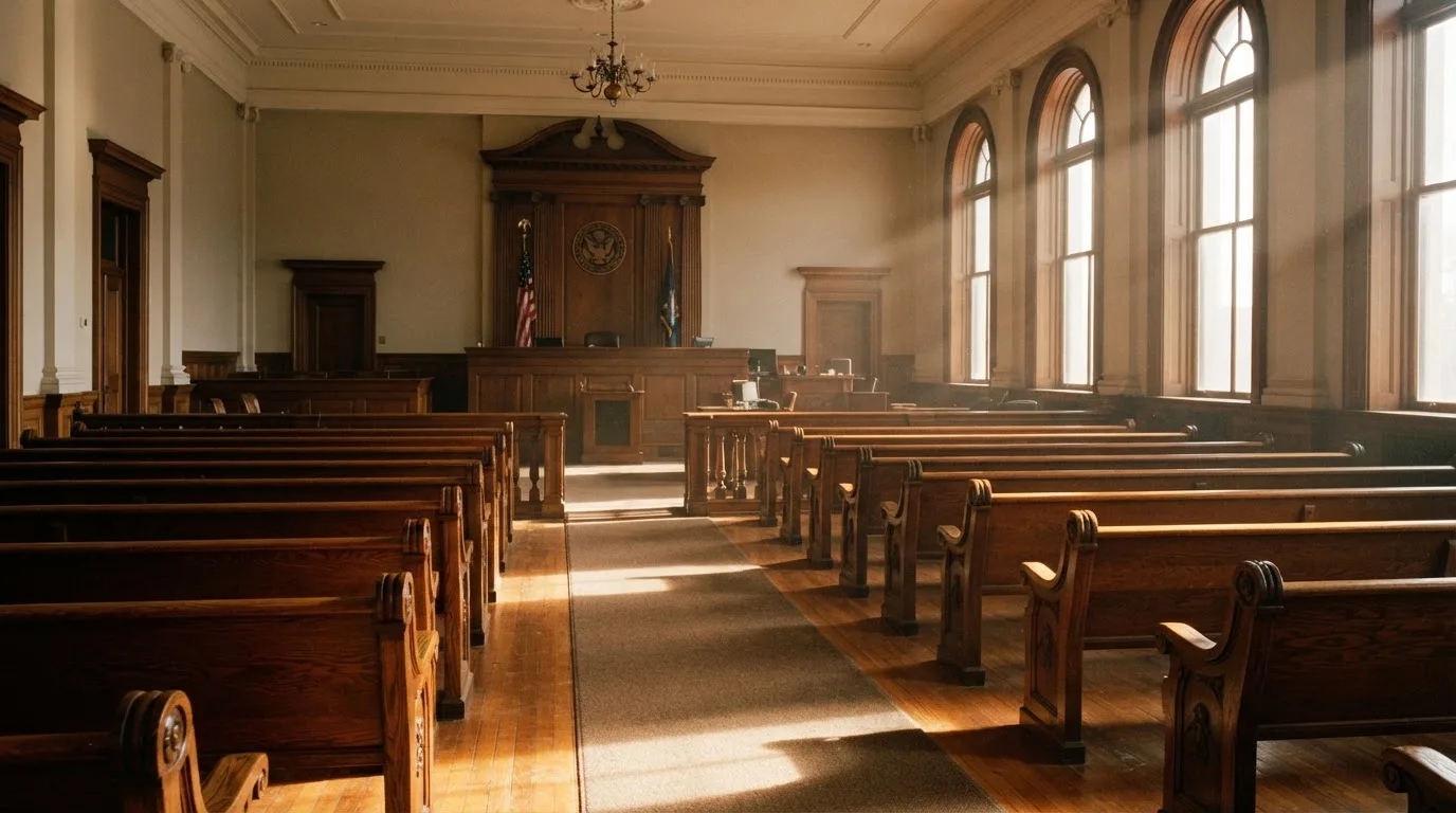 Una sala de tribunal vacía con bancos de madera a la luz de la mañana