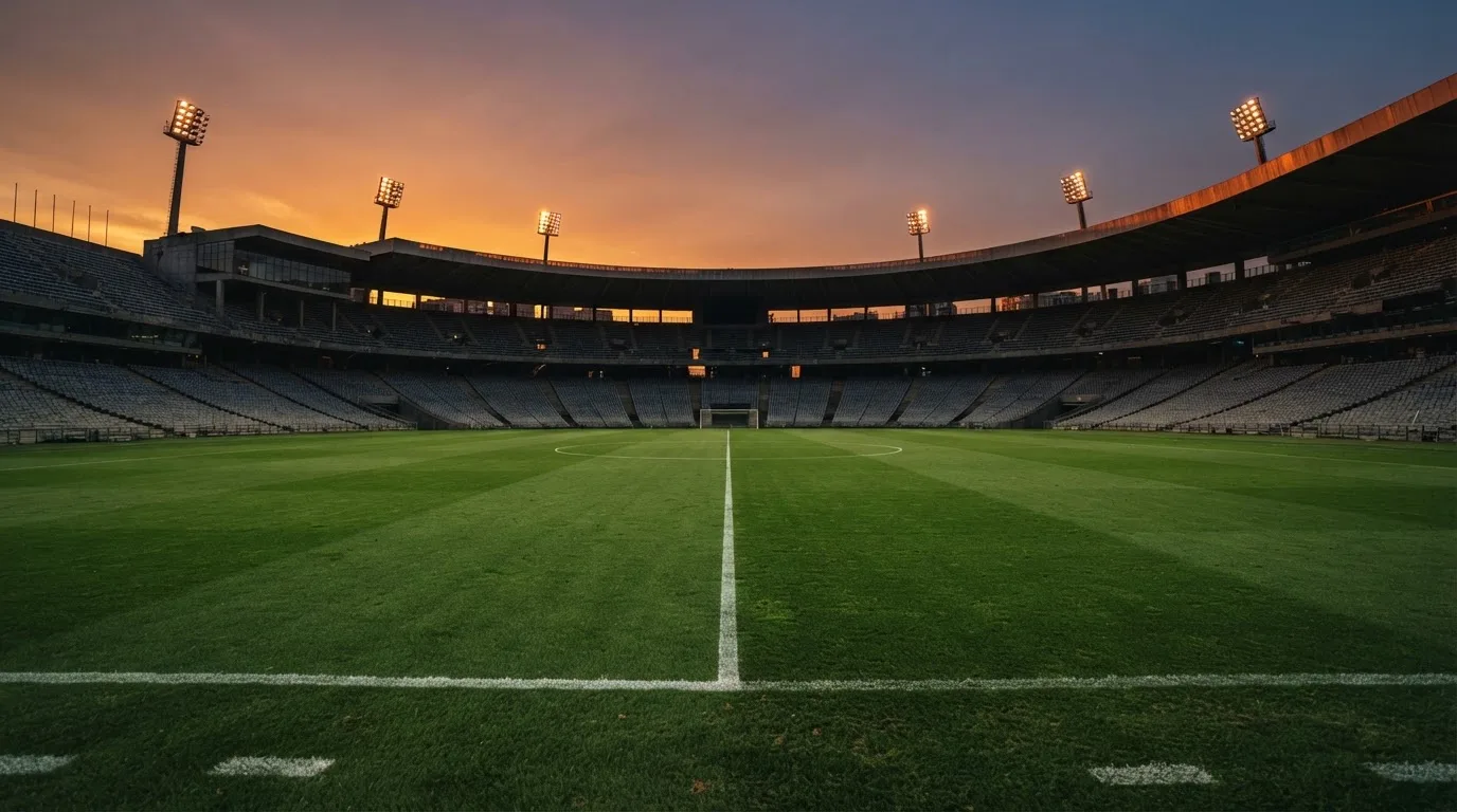 Un estadio de fútbol vacío con torres de iluminación al atardecer