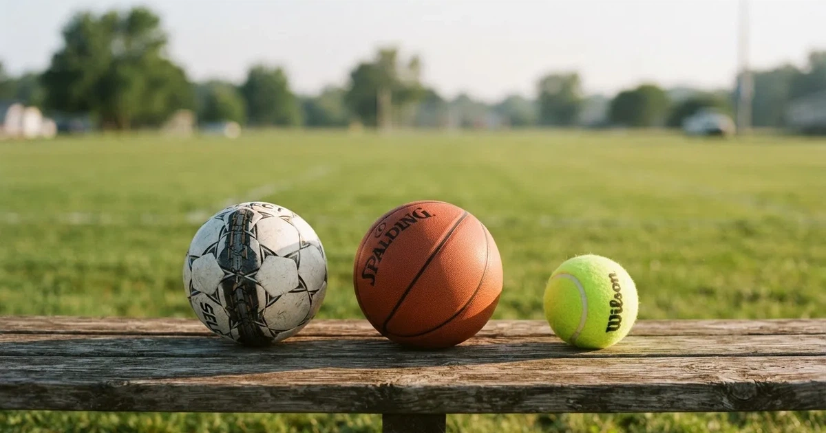 Tres balones de distintos tipos, uno junto a otro, sobre un banco de madera