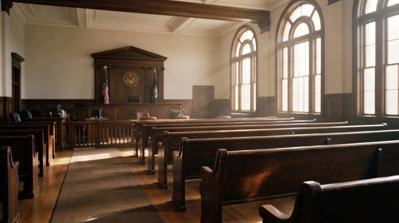 Una sala de tribunal vacía con bancos de madera a la luz de la mañana